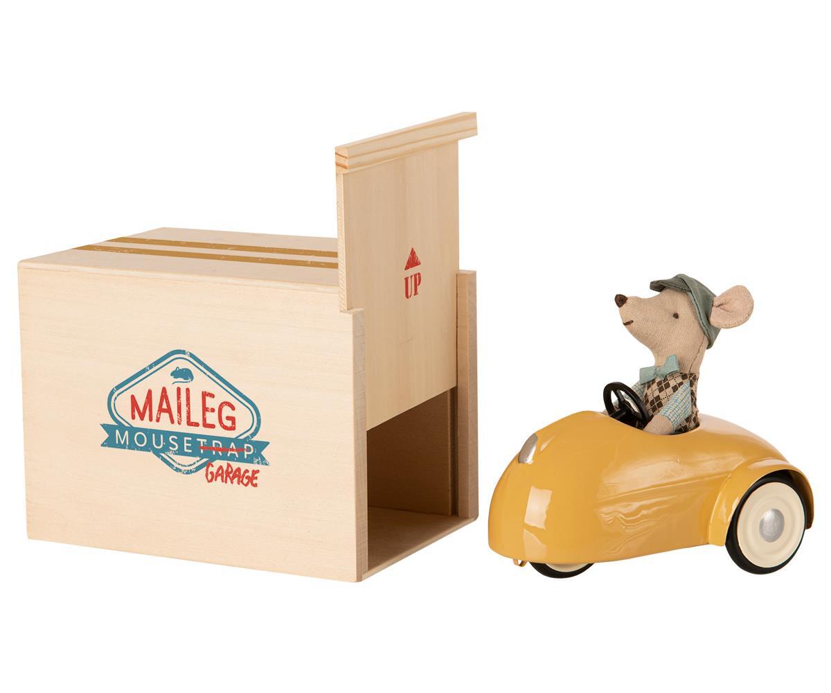 Maileg Mouse Little Brother with Yellow Vintage Car | Children of the Wild