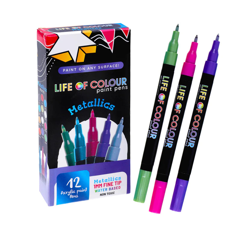 Life of Colour Metallic 1mm Brush Tip Acrylic Paint Pens Set of 12 | 2 ...