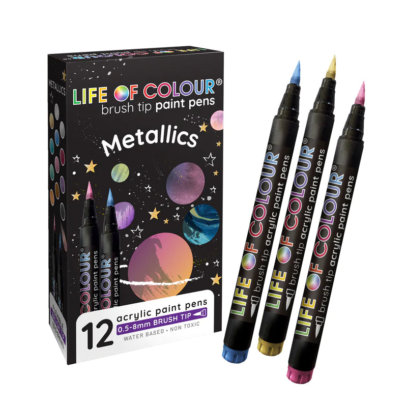 Life of Colour Metallic Brush Tip Acrylic Paint Pens Set of 12 | Art R ...