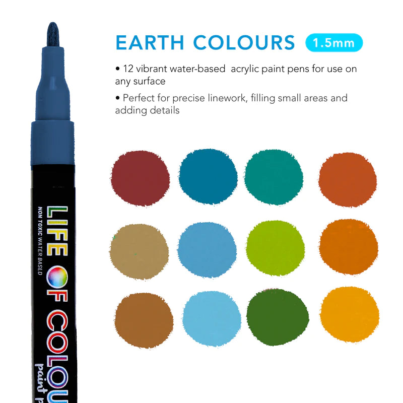 Life of Colour Earth Colours 1mm Fine Tip Acrylic Paint Pens Set of 12 ...