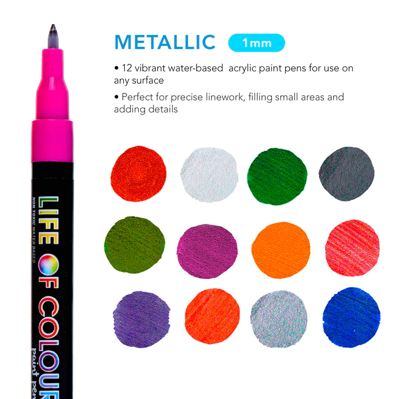 Life of Colour Metallic 1mm Brush Tip Acrylic Paint Pens Set of 12 | 2 ...