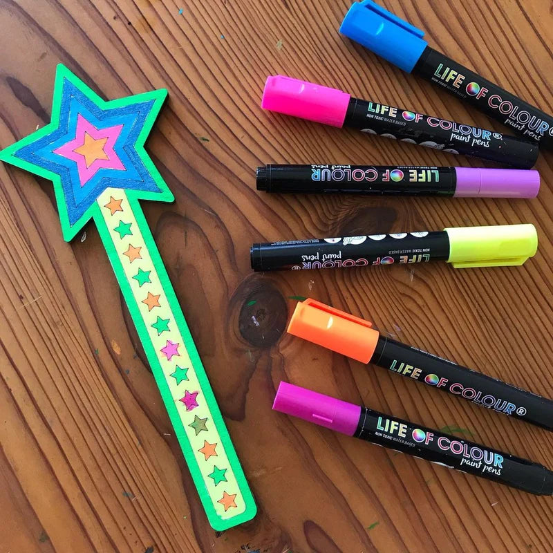 Life of Colour Fluro Colours 3mm Medium Tip Acrylic Paint Pens Set of ...