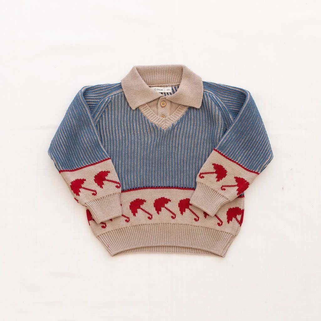 Fin and Vince Umbrella Sweater in Vintage Blue, Chilli and Flax | 30% OFF SALE | Children of the Wild