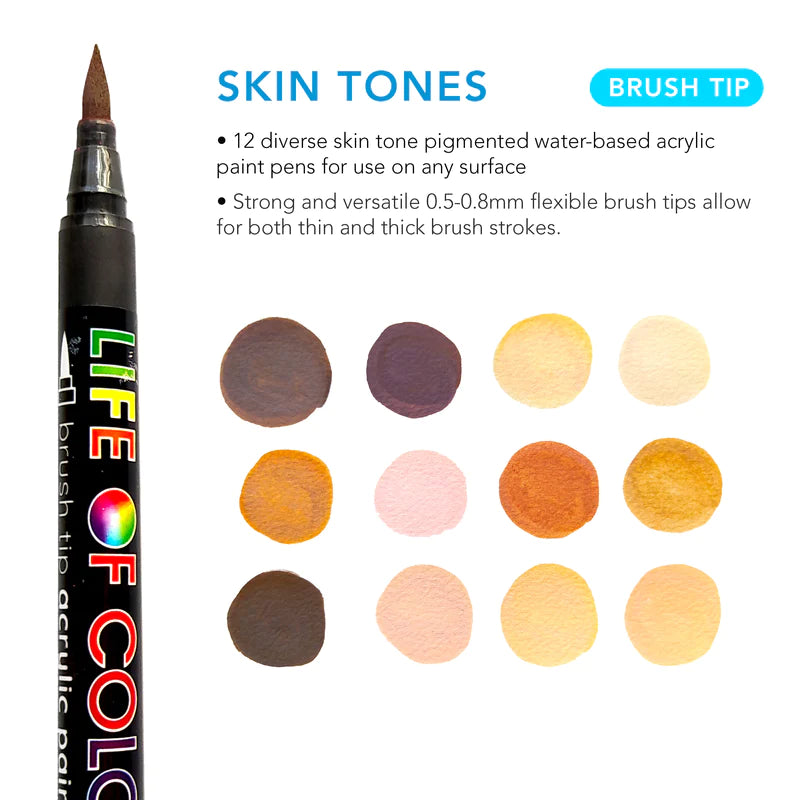 Life of Colour Skin Tone Brush Tip Acrylic Paint Pens Set of 12 | Art Resource | Children of the Wild