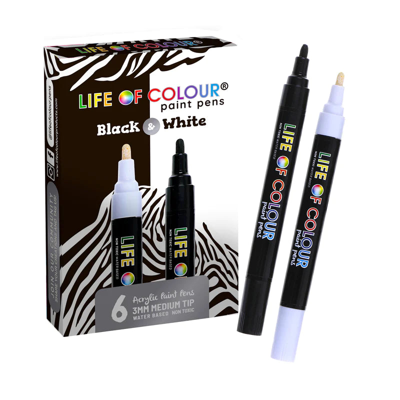 Life of Colour Black and White 3mm Medium Tip Acrylic Paint Pens Set of 6 | 20% OFF | Art Resource | Children of the Wild