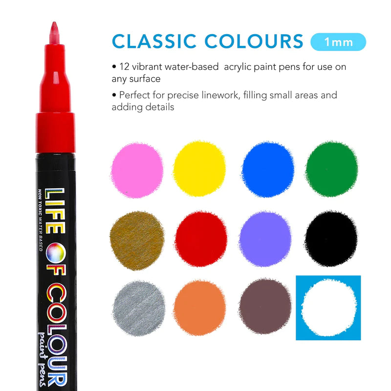 Life of Colour Classic Colours 1mm Fine Tip Acrylic Paint Pens Set of 12 | 20% OFF | Art Resource | Children of the Wild