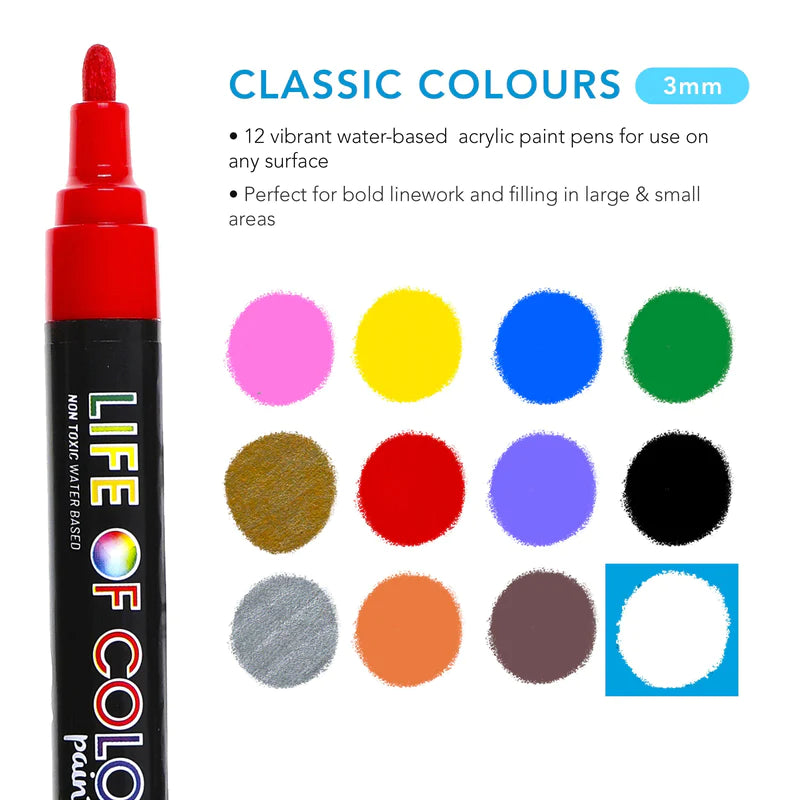 Life of Colour Classic Colours 3mm Medium Tip Acrylic Paint Pens Set of 12 | 20% OFF | Art Resource | Children of the Wild