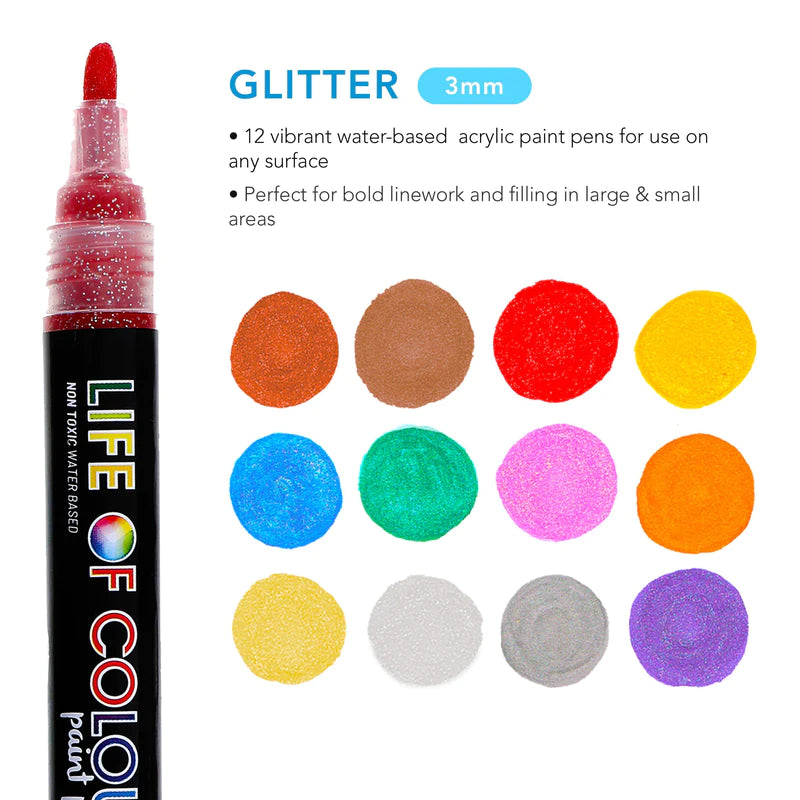 Life of Colour Glitter 3mm Medium Tip Acrylic Paint Pens Set of 12 | 20% OFF | Art Resource | Children of the Wild
