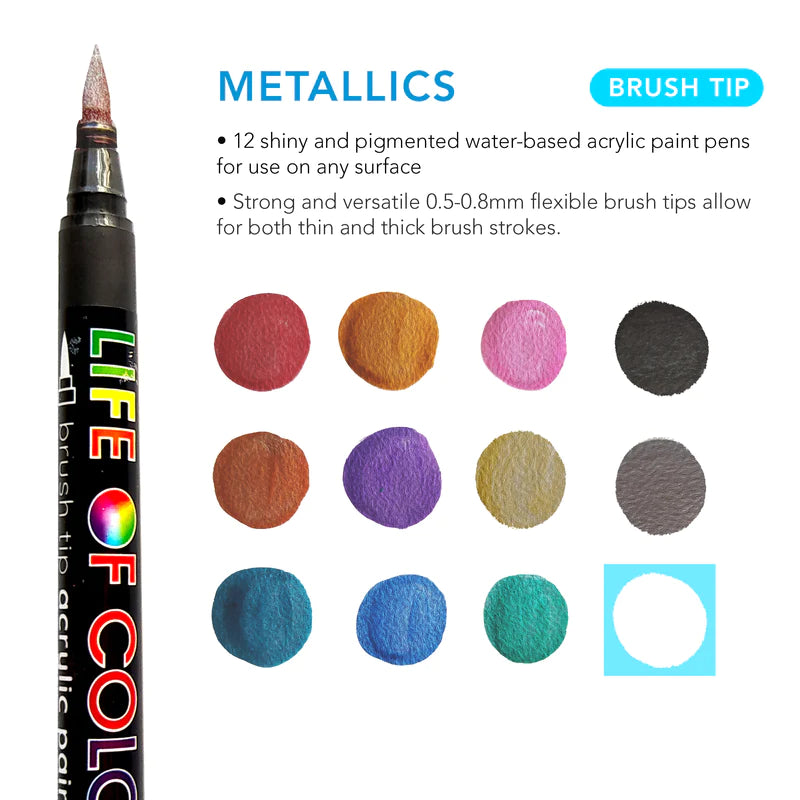 Life of Colour Metallic Brush Tip Acrylic Paint Pens Set of 12 | 20% OFF | Art Resource | Children of the Wild